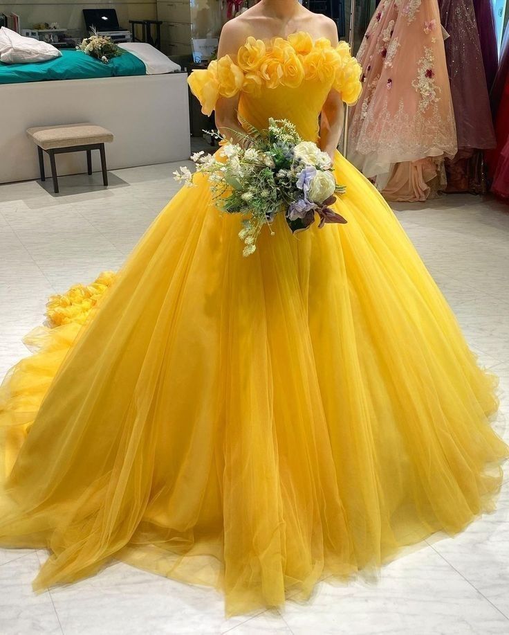 Gorgeous Yellow 3D Flower Off Shoulder A-Line Tulle Floor-Mounting Prom Dress Evening Dress HZ1024