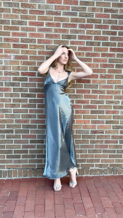 Elegant Silver-grey V-neck Sheath Satin Long Party Dress Evening Dress Prom Dress HZ1024