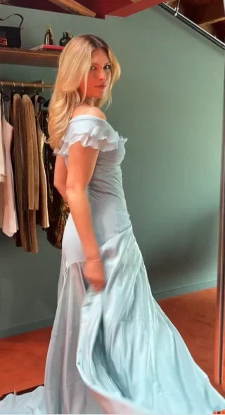 Elegant Blue Off Shoulder A-Line Long Prom Dress Evening Dress HZ1024