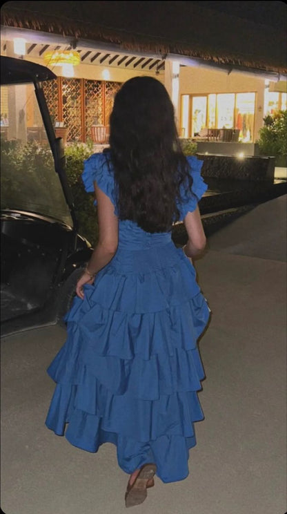 Sapphire Blue V-neck Sleeveless Ruffled Layered A-line Prom Dress Evening Dress HZ1024
