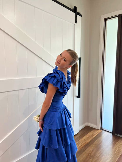 Sapphire Blue V-neck Sleeveless Ruffled Layered A-line Prom Dress Evening Dress HZ1024