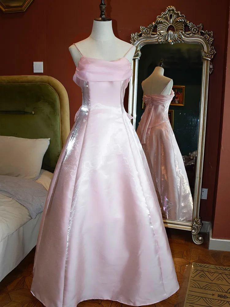 Sweet Pink A-Line Strappy Long Prom Dress Evening Gown HZ1024
