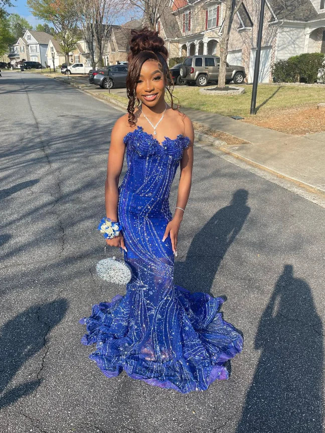 Gorgeous Sapphire Blue Sweetheart Neck Sleeveless Mermaid Floor-length Prom Dress Evening Dress HZ1024