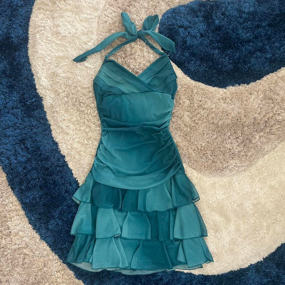 Beautiful Gradient Blue Halter Neck V Neck Chiffon Mini Party Dress Homecoming Dress HZ1024