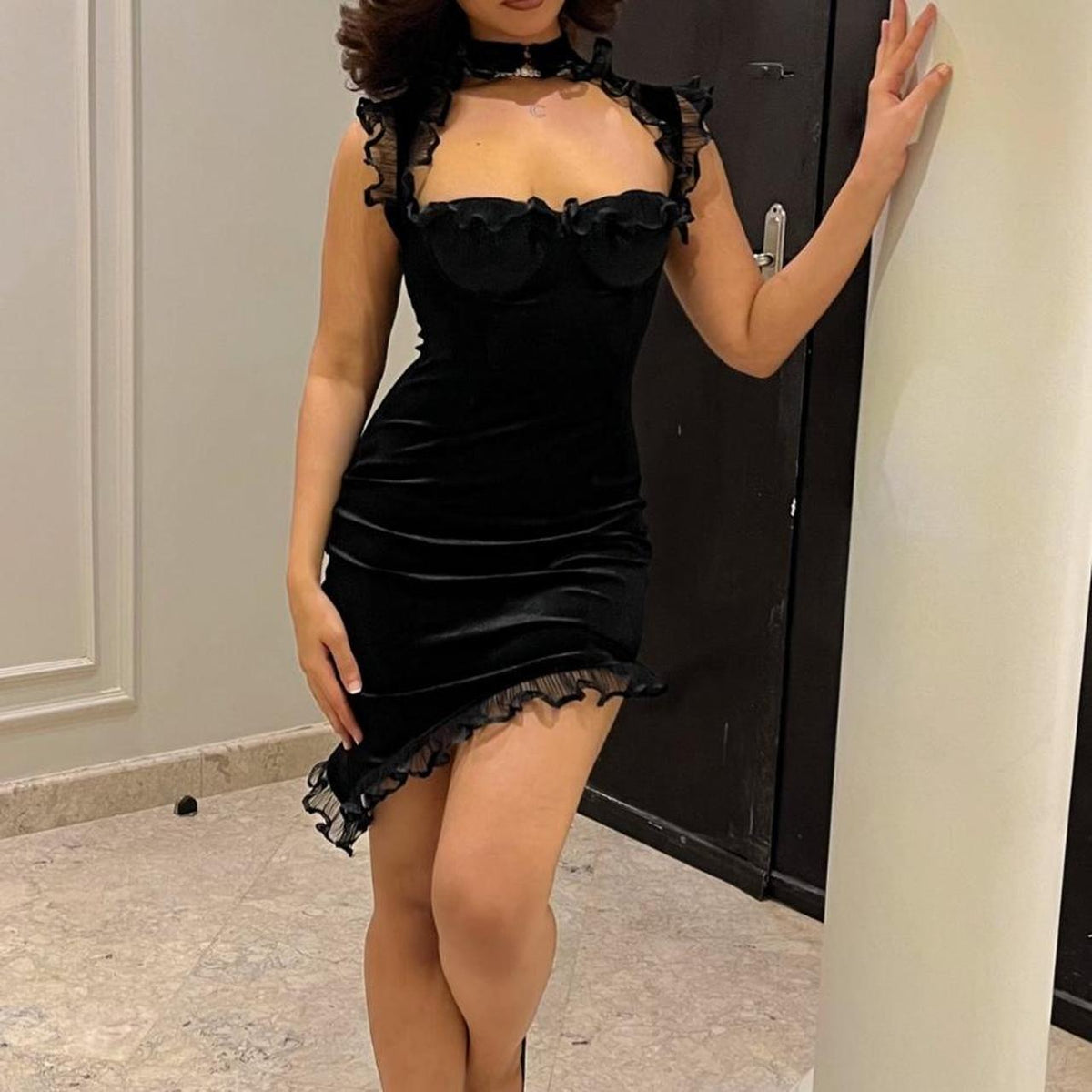 Sexy Black Velvet Sleeveless Ruffle Bodycon Mini Party Dress Homecoming Dress HZ1024