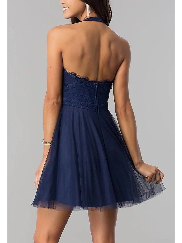 A-Line Hot Beautiful Back Homecoming Cocktail Party Dress Halter Neck Sleeveless Short / Mini Lace Tulle with Lace Insert - RongMoon