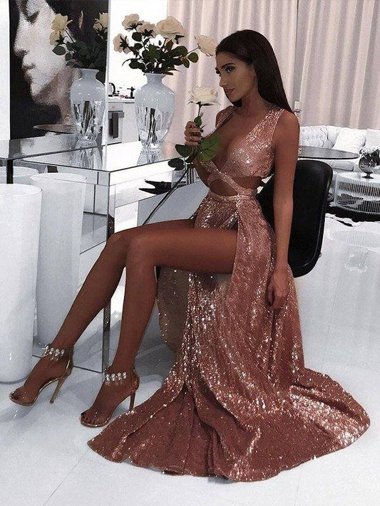 A-Line/Princess Sleeveless V-neck Floor-Length Ruffles Sequins Dresses - RongMoon