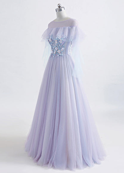 A-Line/Princess Tulle Jewel Floor-length Prom Dress With Beaded Lace Appliques
