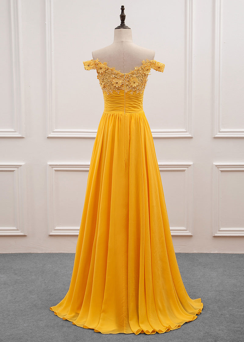 A-Line/Princess Chiffon Floor-Length Off-the-Shoulder Long Prom Dresses with Appliques Lace
