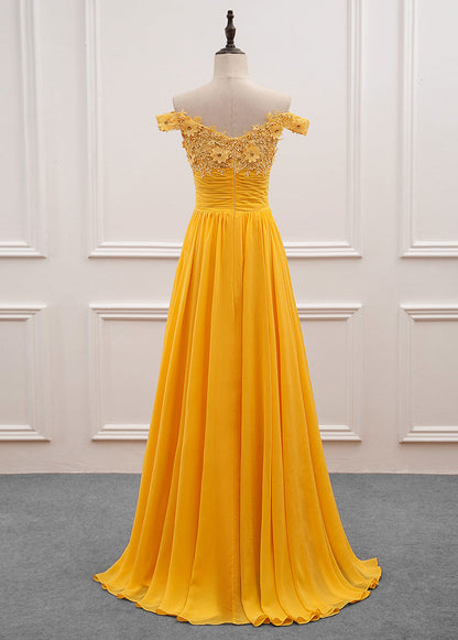 A-Line/Princess Chiffon Floor-Length Off-the-Shoulder Long Prom Dresses with Appliques Lace