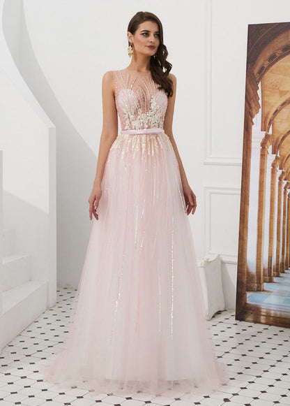 A-Line/Princess Tulle Beading Sleeveless Prom Dresses