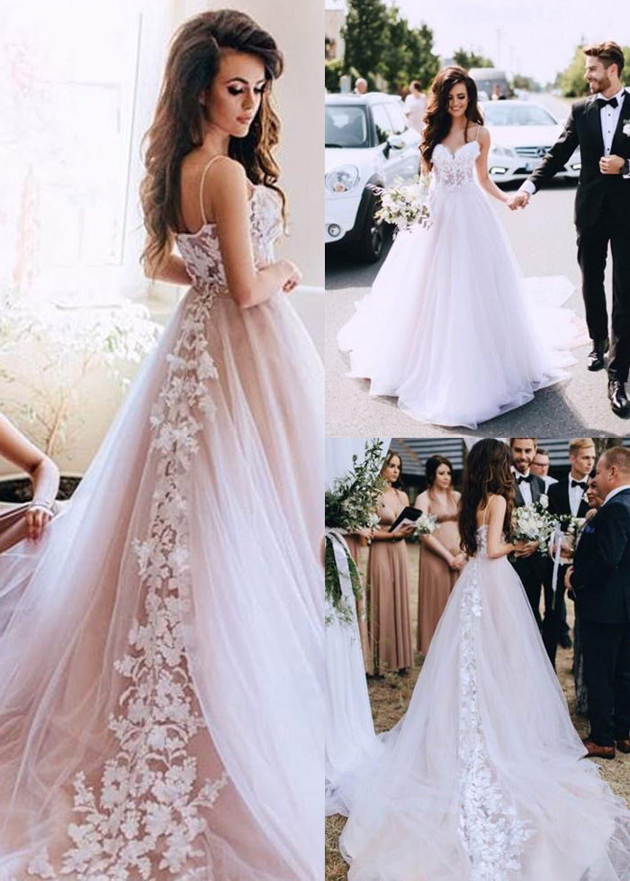 New arrival Spaghetti Straps Boho Lace  Long Wedding Dress