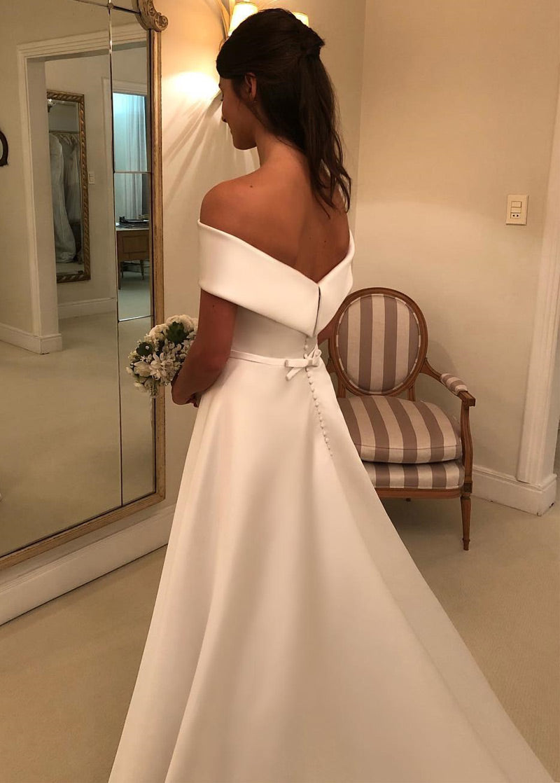New  A-Line/Princess Off-the-Shoulder Satin Long Wedding Dresses