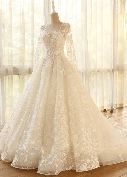 Long Sleeves Tulle Appliques Lace Wedding Dresses
