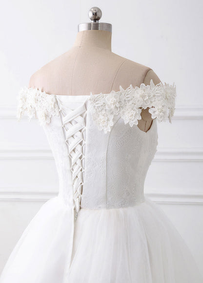 A-Line/Princess Tulle Off-the-Shoulder Appliques Lace Wedding Dresses
