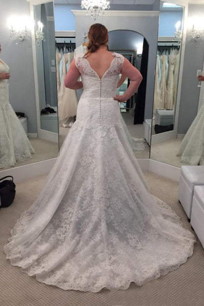 A-Line/Princess Lace V-neck Plus Size Wedding Dresses