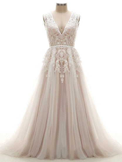 Tulle V-neck Appliques Lace Wedding Dresses