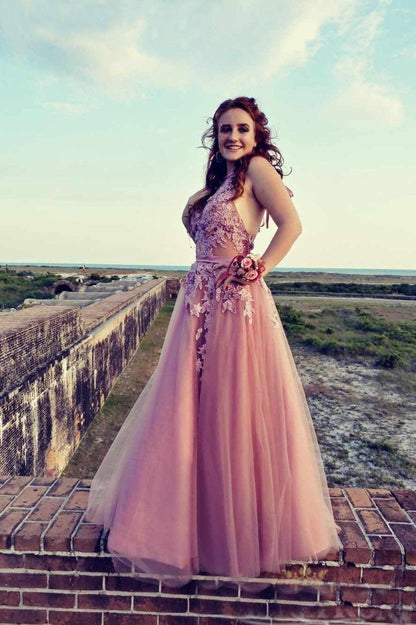 Halter Open Back  Tulle Appliques Lace Prom Dresses
