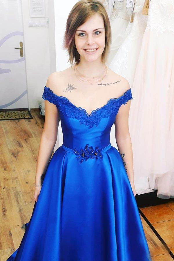 Off-the-Shoulder Satin Sweep Train Prom Dresses