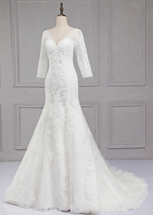 Sweep Train V-neck 3/4 Sleeves Lace Wedding Dresses