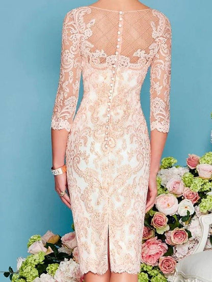 Two Piece Sheath / Column Mother of the Bride Dress Elegant Jewel Neck Knee Length Lace 3/4 Length Sleeve with Embroidery - RongMoon