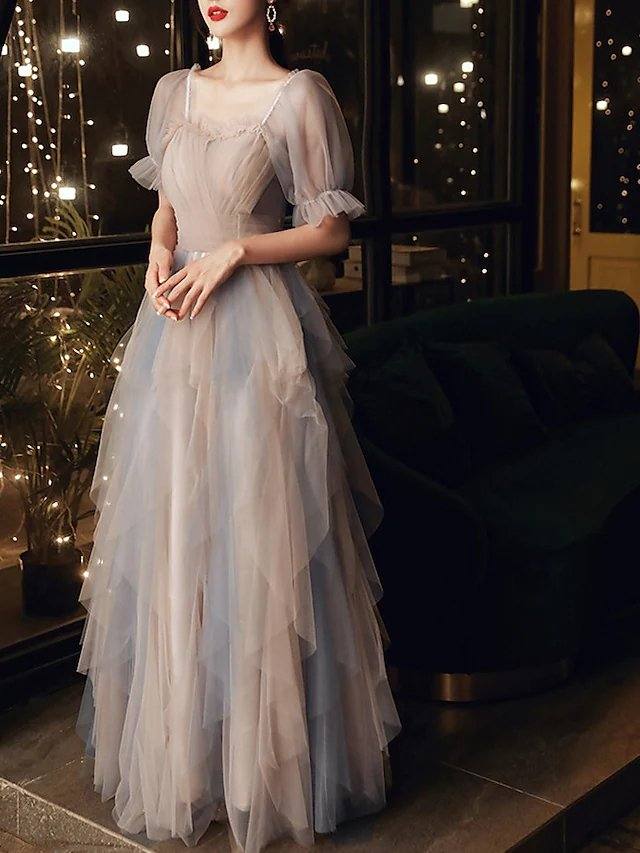 A-Line Color Block Elegant Wedding Guest Prom Dress Scoop Neck Half Sleeve Floor Length Tulle with Pleats Ruffles - RongMoon