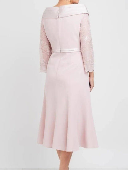 A-Line Mother of the Bride Dress Elegant Jewel Neck Tea Length Lace Satin Long Sleeve with Pleats Beading - RongMoon