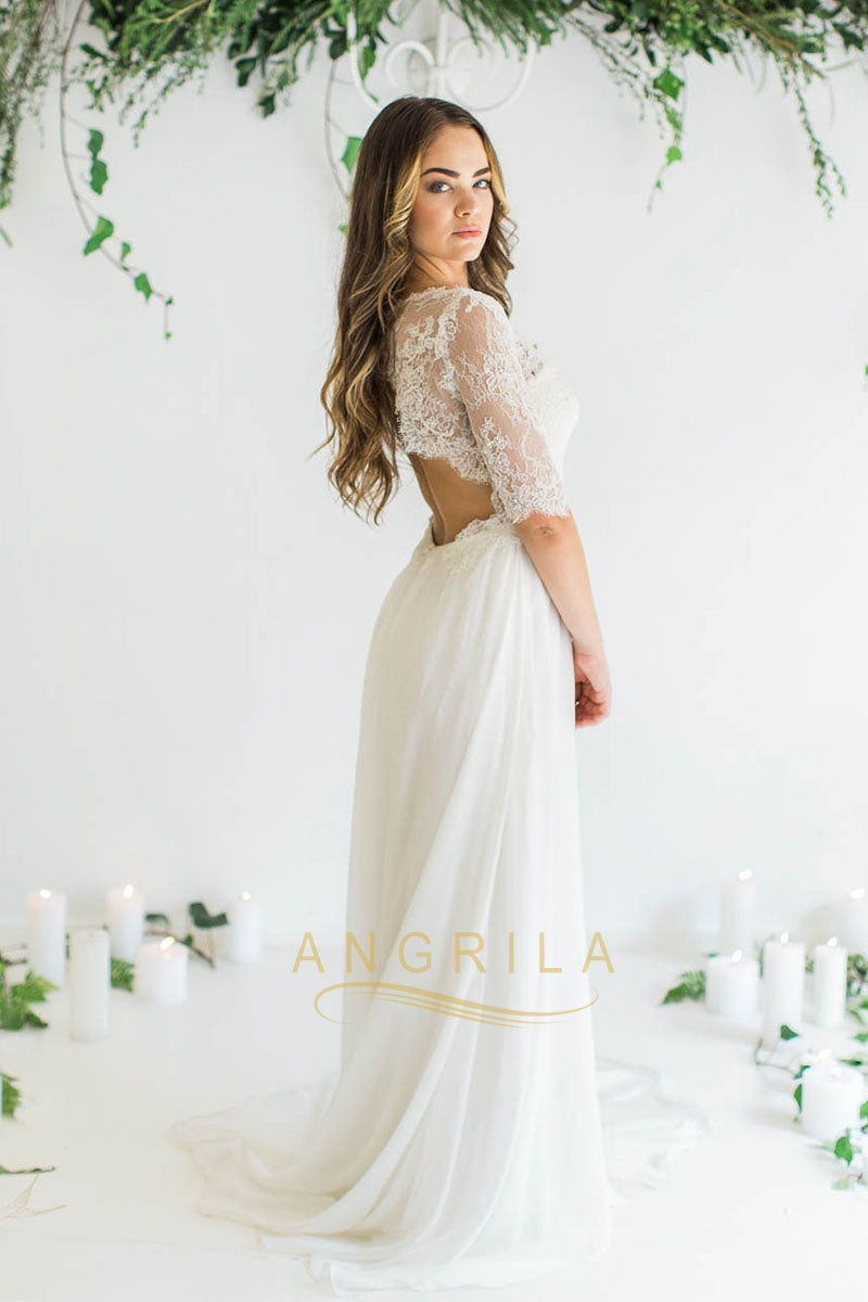A-Line/Princess Chapel Train Chiffon Lace Wedding Dress With Beading Sequins Bow