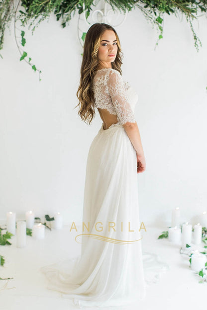 A-Line/Princess Chapel Train Chiffon Lace Wedding Dress With Beading Sequins Bow