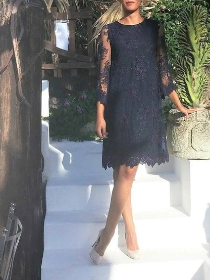 Sheath / Column Mother of the Bride Dress Elegant Jewel Neck Short / Mini Lace Tulle 3/4 Length Sleeve with Appliques - RongMoon