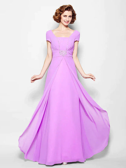A-Line Mother of the Bride Dress Lace Up Square Neck Floor Length Georgette Short Sleeve with Ruched Beading