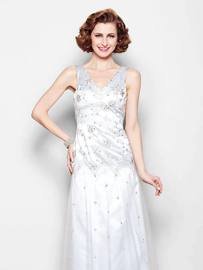 Mother of the Bride Dress Sparkle & Shine V Neck Floor Length Lace Tulle Sleeveless with Lace Beading
