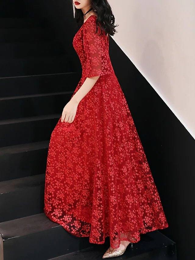 A-Line Floral Engagement Prom Dress V Neck Half Sleeve Ankle Length Lace with Pleats Lace Insert - RongMoon