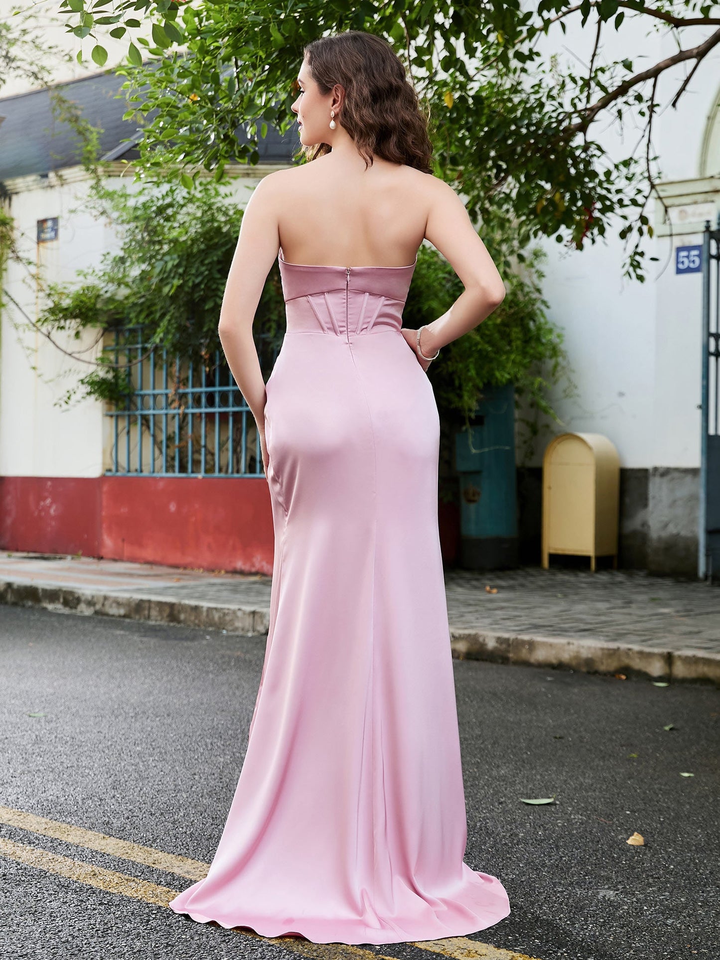 Sweetheart Strapless High Slit Sheath Long Dress Dusty Rose