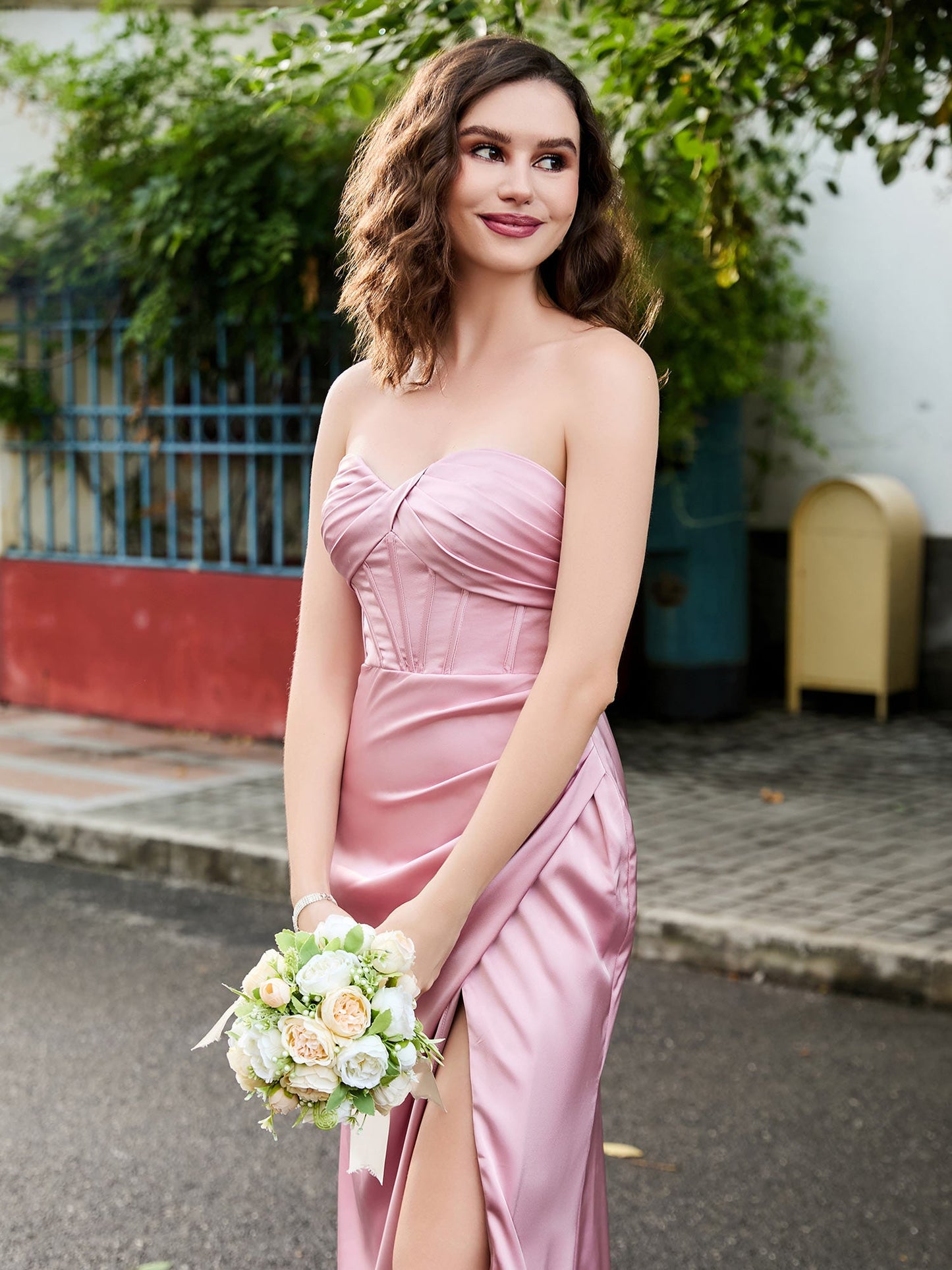 Sweetheart Strapless High Slit Sheath Long Dress Dusty Rose