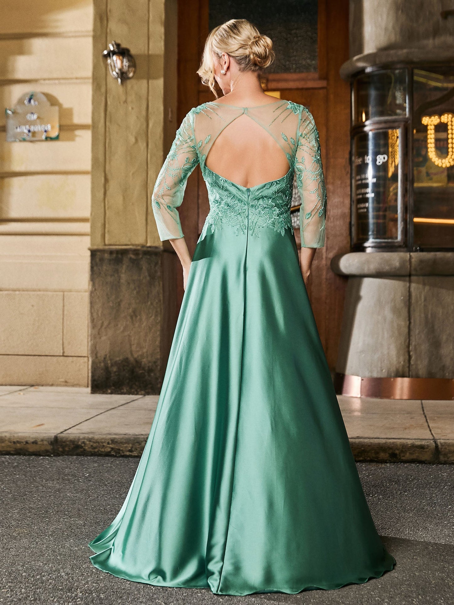 Illusion Lace Long Sleeve A-line Floor-length Gown Eucalyptus