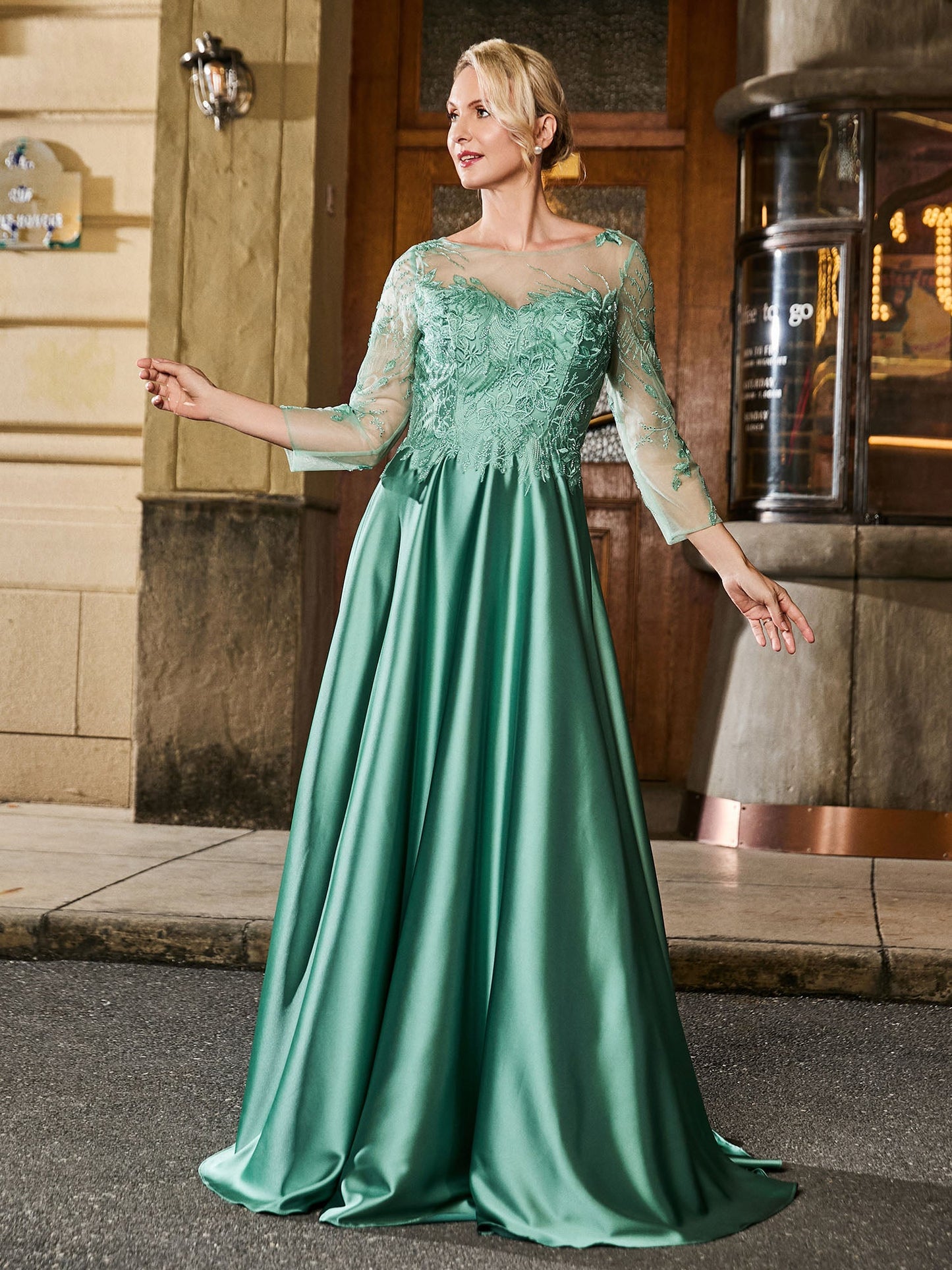 Illusion Lace Long Sleeve A-line Floor-length Gown Eucalyptus