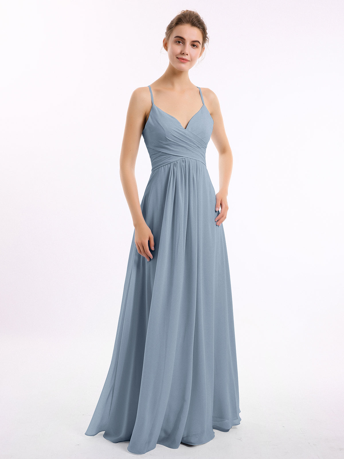 Spaghetti Strap V-neck Chiffon Dresses-Dusty Blue