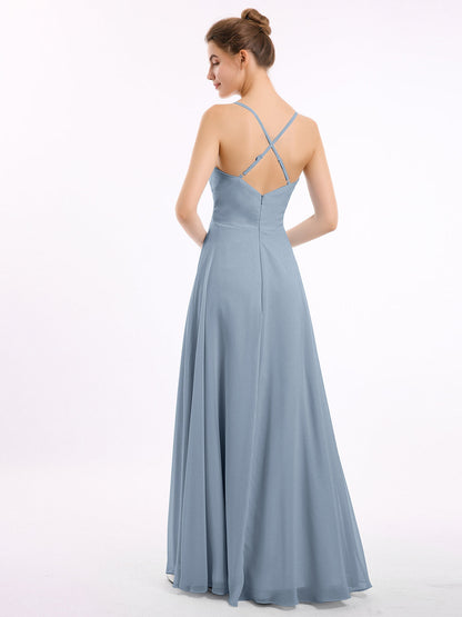 Spaghetti Strap V-neck Chiffon Dresses-Dusty Blue