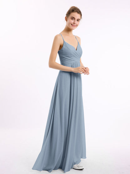 Spaghetti Strap V-neck Chiffon Dresses-Dusty Blue
