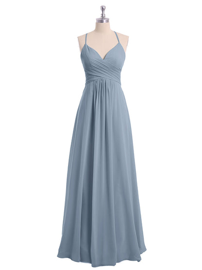 Spaghetti Strap V-neck Chiffon Dresses-Dusty Blue