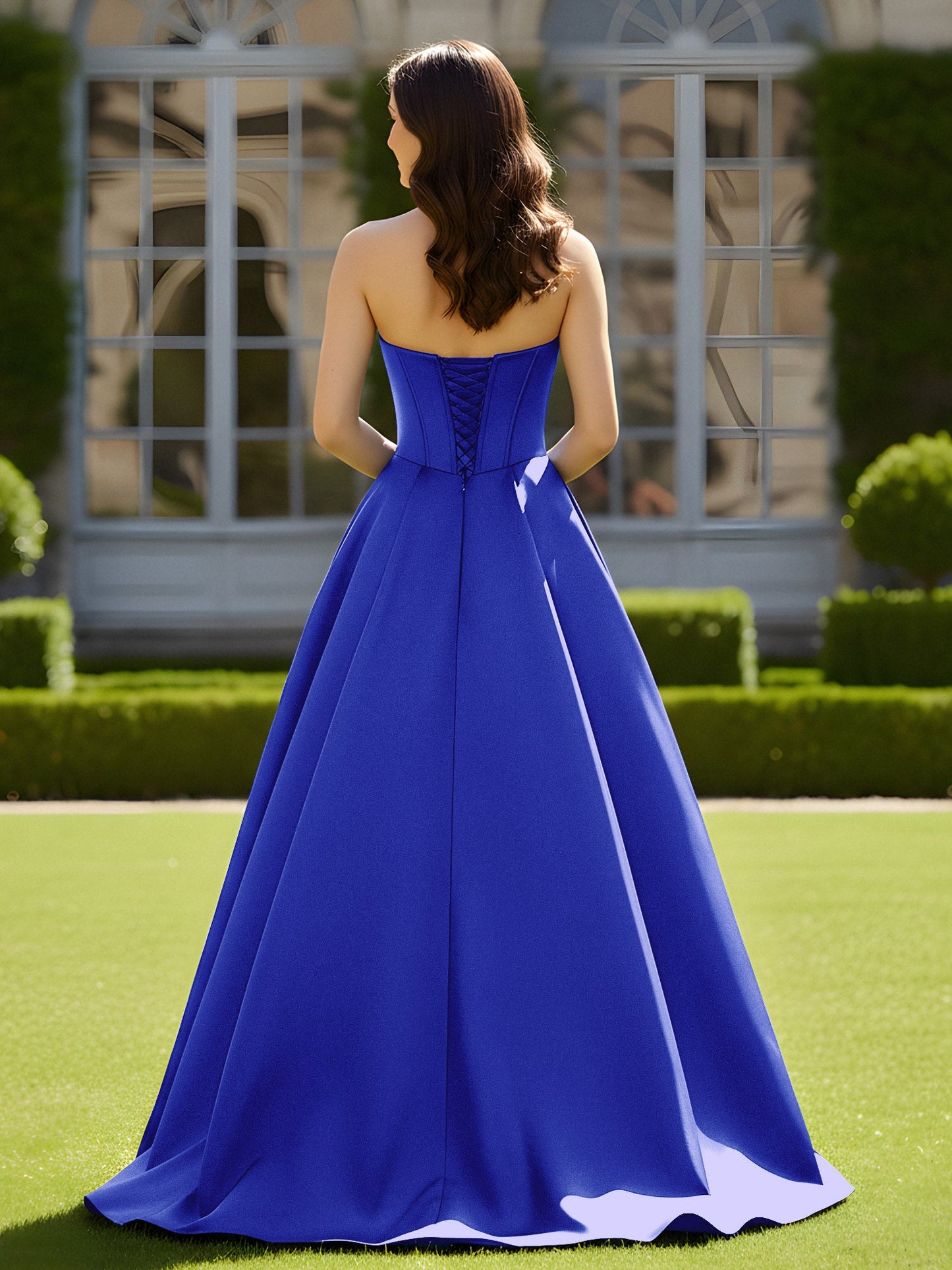 Sleeveless Sweep Train Satin Lace-Up Gown Royal Blue