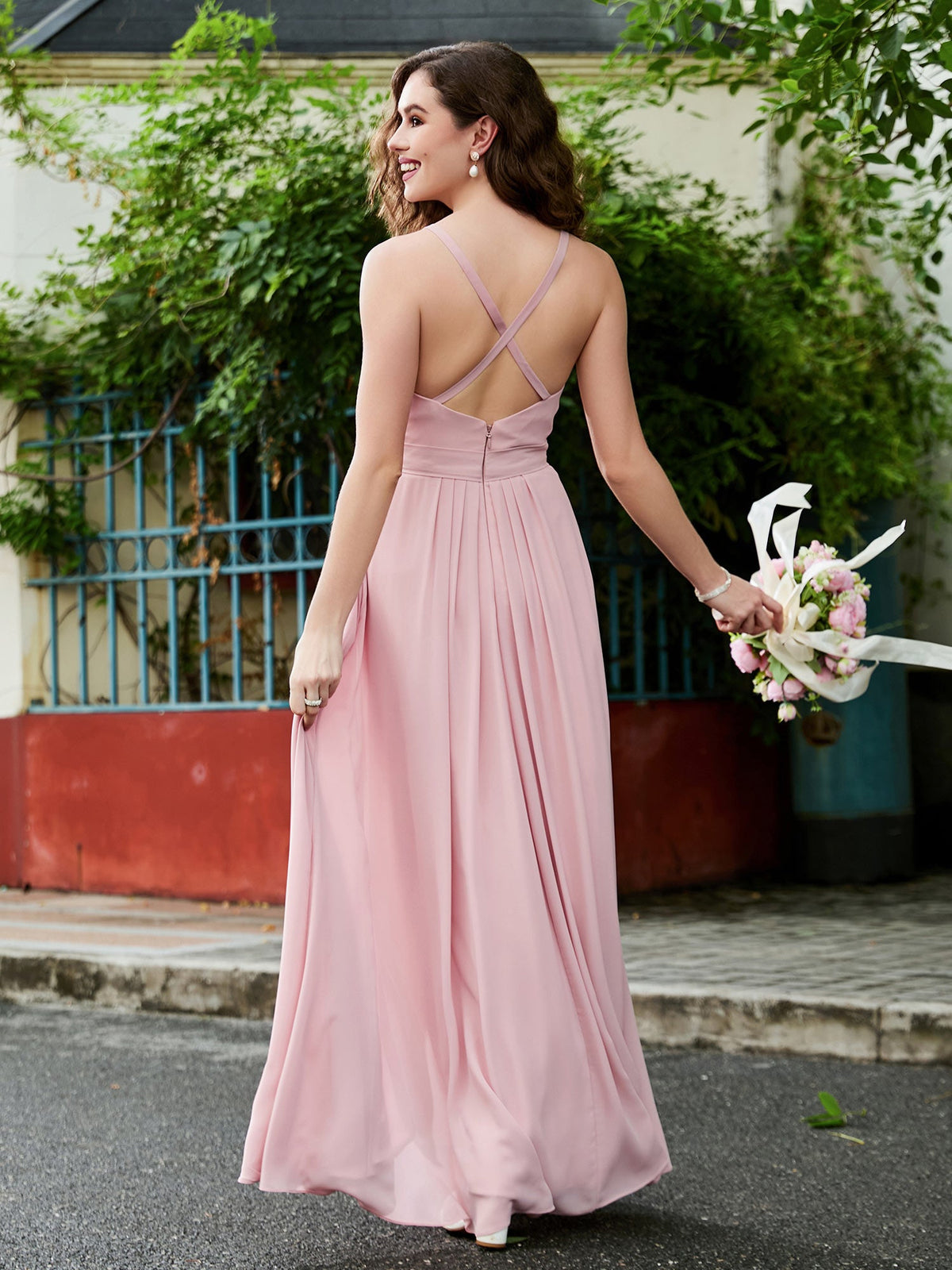 Sleeveless Chiffon Long Dress With Ruffle Dusty Rose