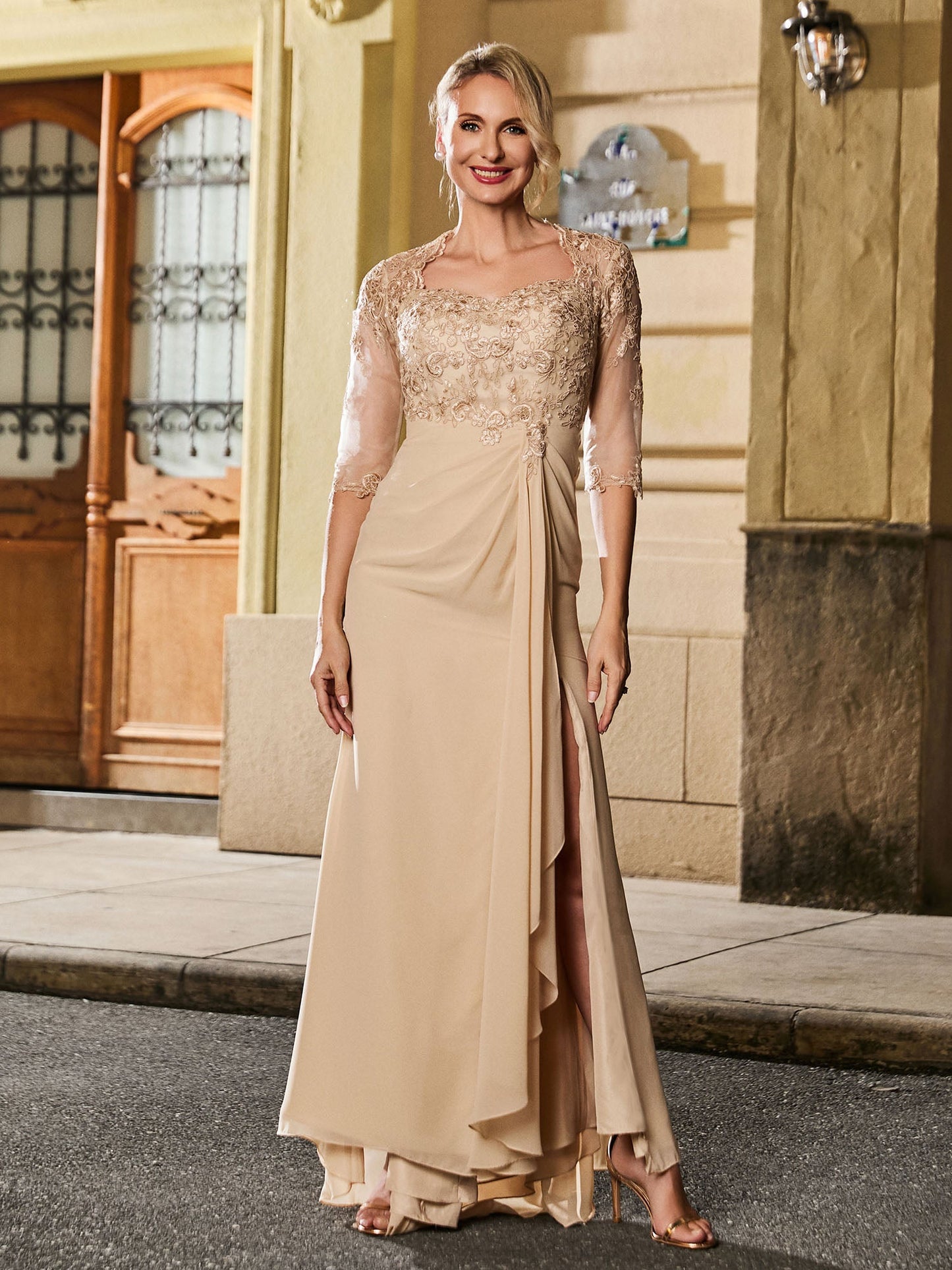 Square Neck Half Sleeve Slim Long Gown with Slit Champagne