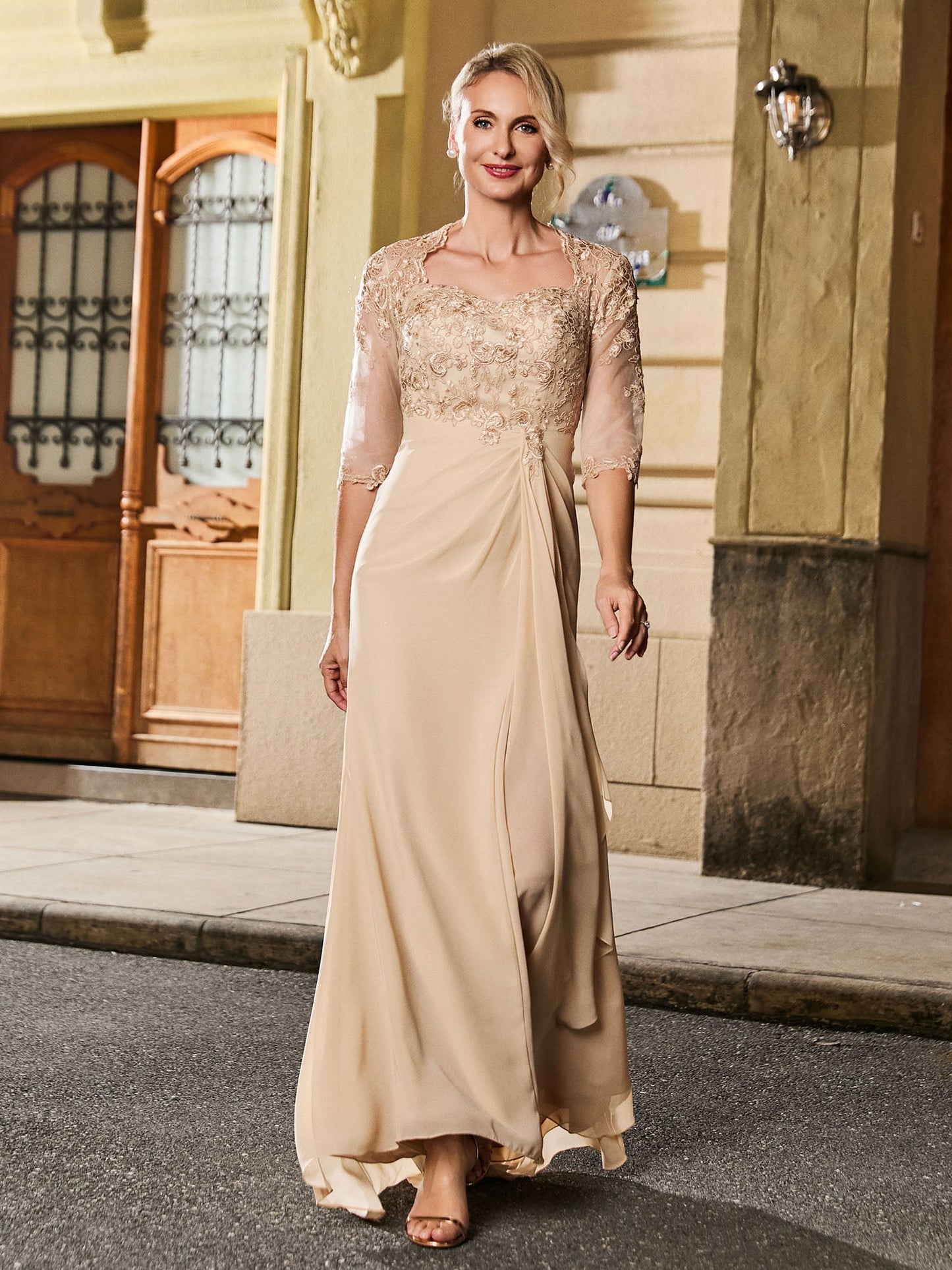 Square Neck Half Sleeve Slim Long Gown with Slit Champagne