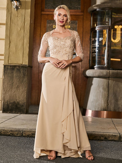 Square Neck Half Sleeve Slim Long Gown with Slit Champagne