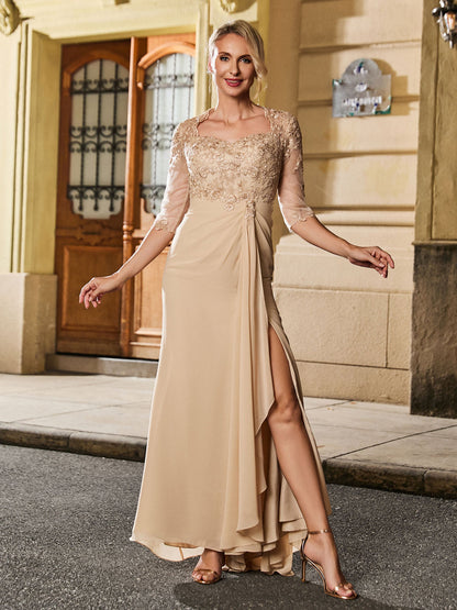 Square Neck Half Sleeve Slim Long Gown with Slit Champagne