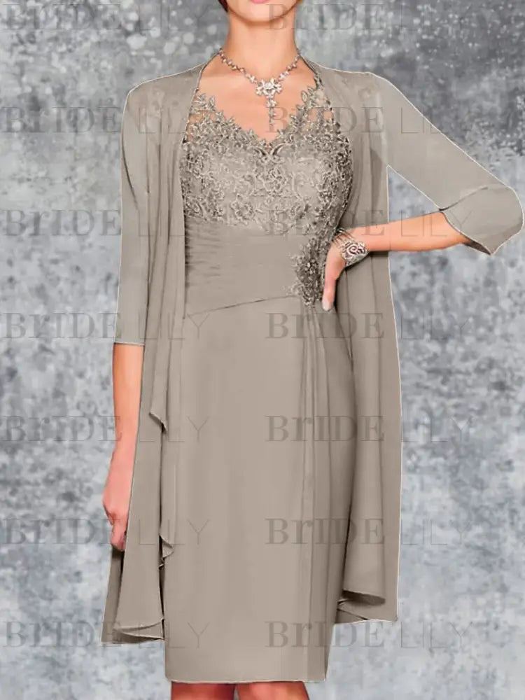 Two Piece Ruffle Chiffon Mother of the Bride Outfit Lace Short Wedding Guest Dress