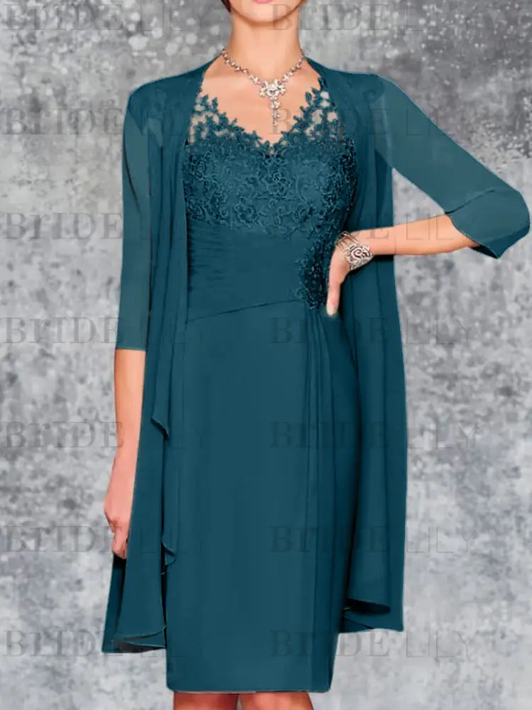 Two Piece Ruffle Chiffon Mother of the Bride Outfit Lace Short Wedding Guest Dress
