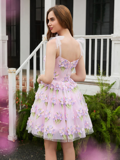 Tulle Bow Straps Short Dress with Flowers Blushing Pink